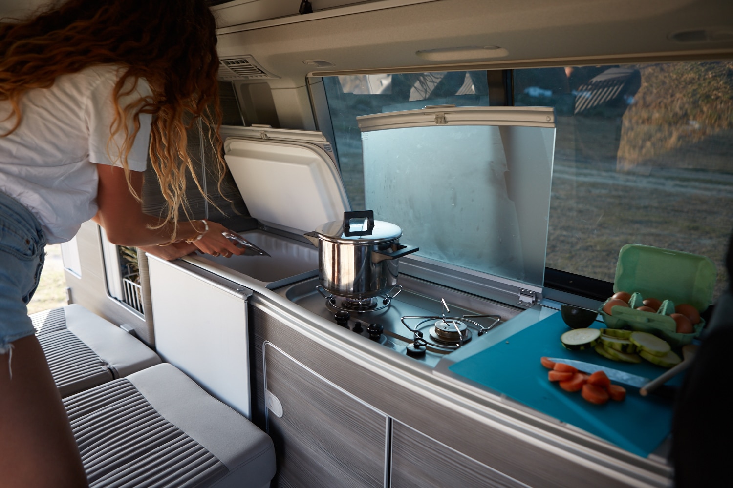 fridge and cooking fire in the vw california campervan