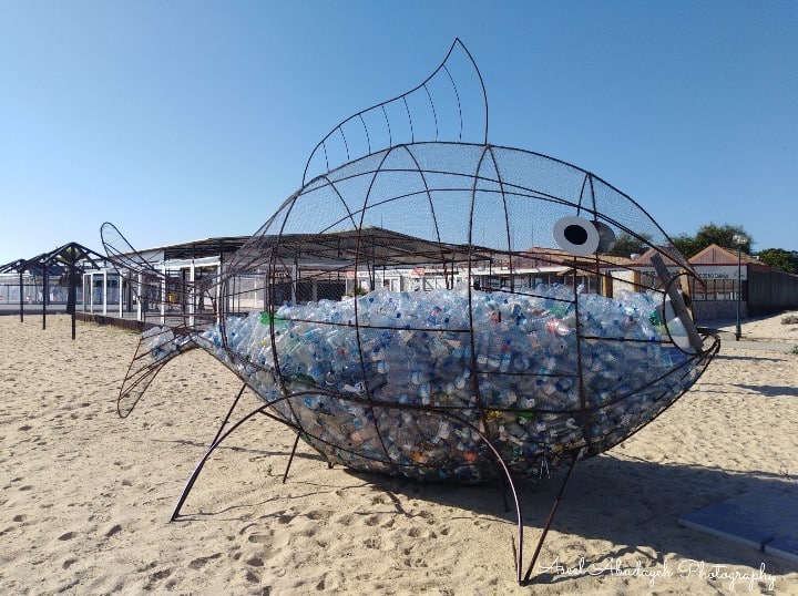 Statue de poisson avec bouteilles en plastique - Tavira road trip en algarve vanbreak